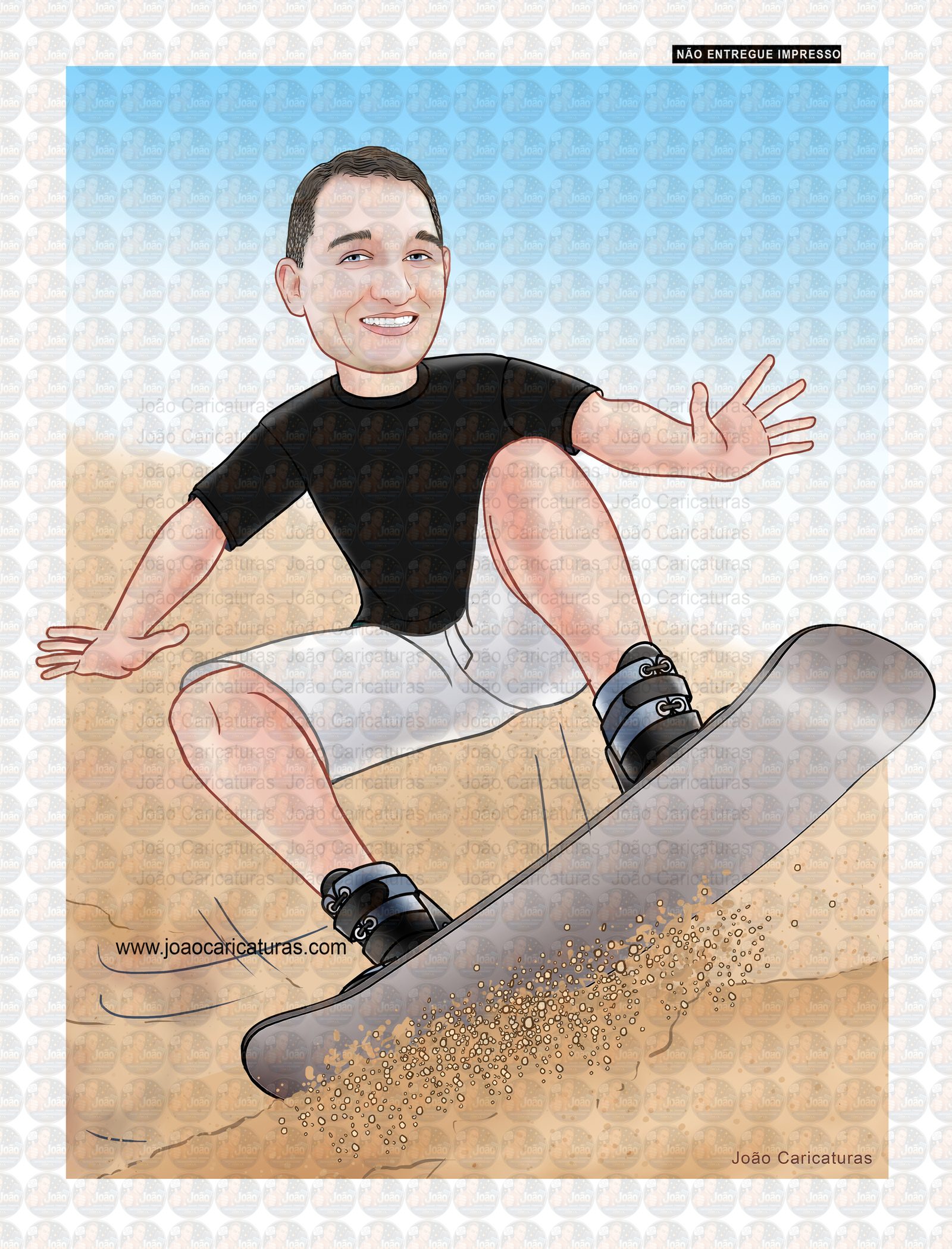 Caricaturas aniversário, homem, atleta, hobby, surf de areia, skate, skimboard, surfando.