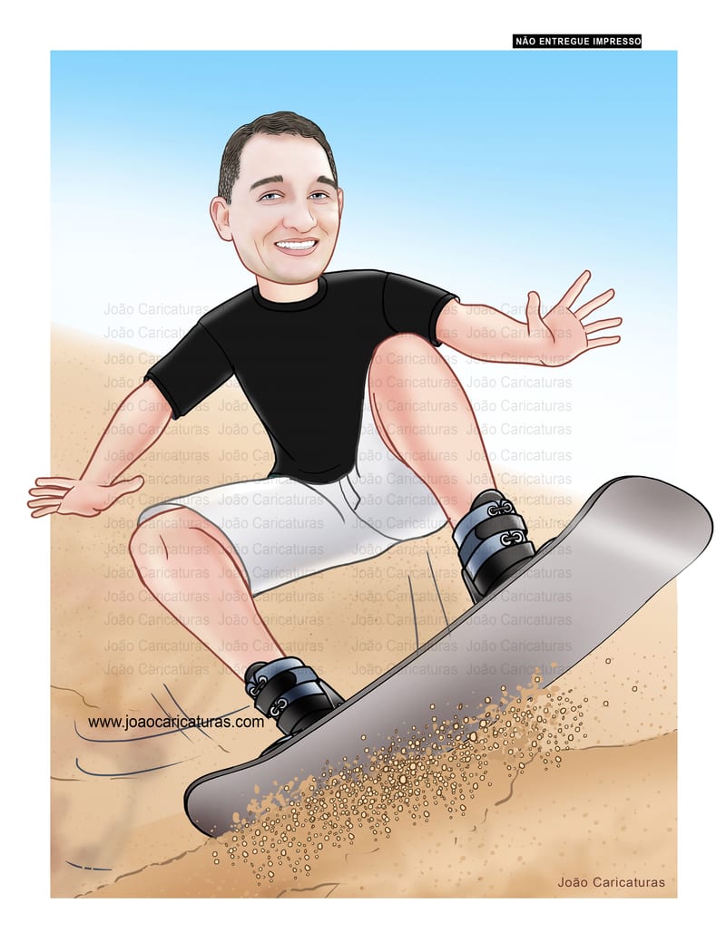 Caricaturas aniversário, homem, atleta, hobby, surf de areia, skate, skimboard, surfando.