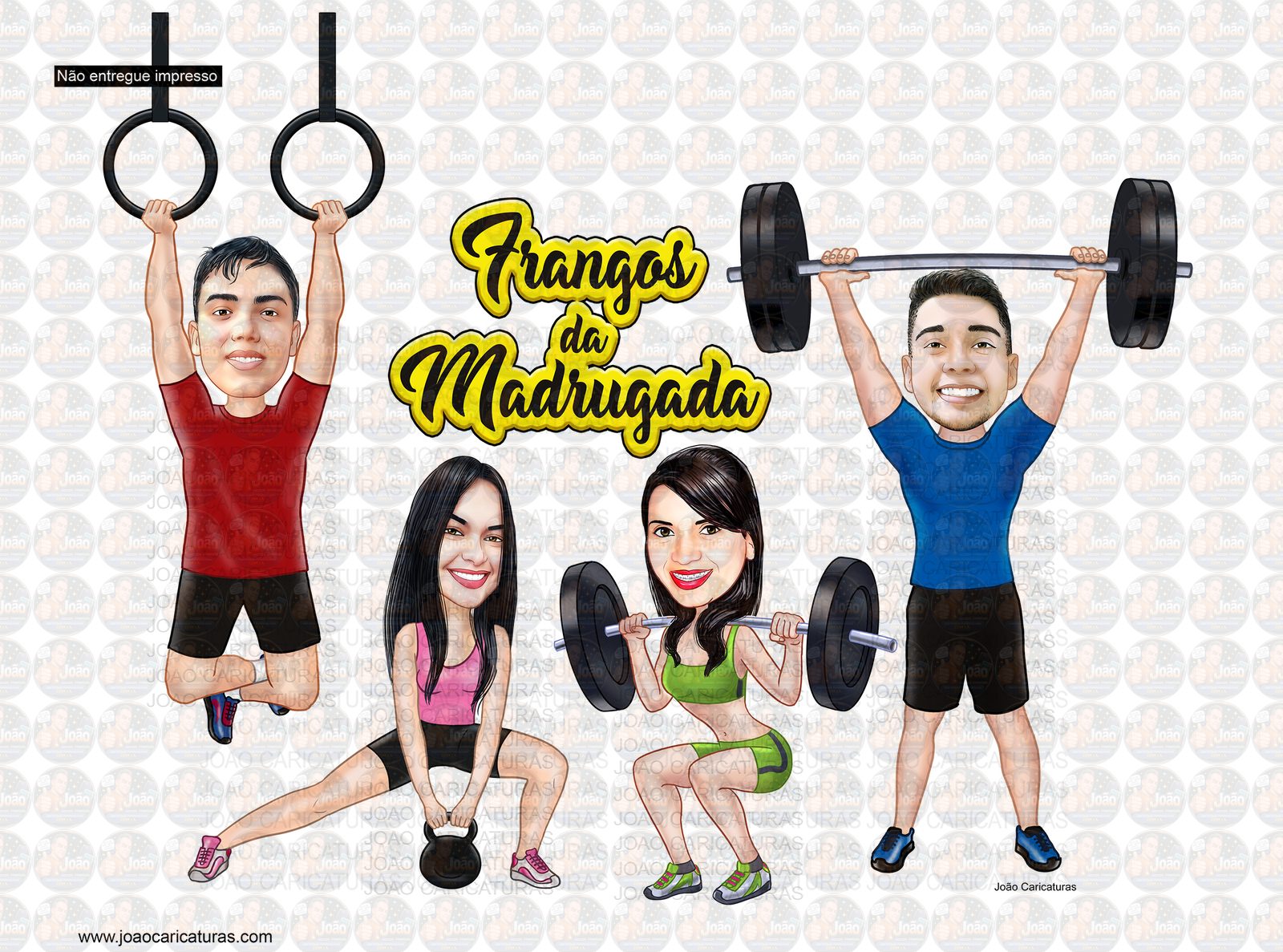 Caricatura personalizada de atletas nos aparelhos, fitness, exercícios, levantamento peso, argolas, atletismo, garotos, homens, mulheres, educação física, grupo, logo, cross fit, fitness