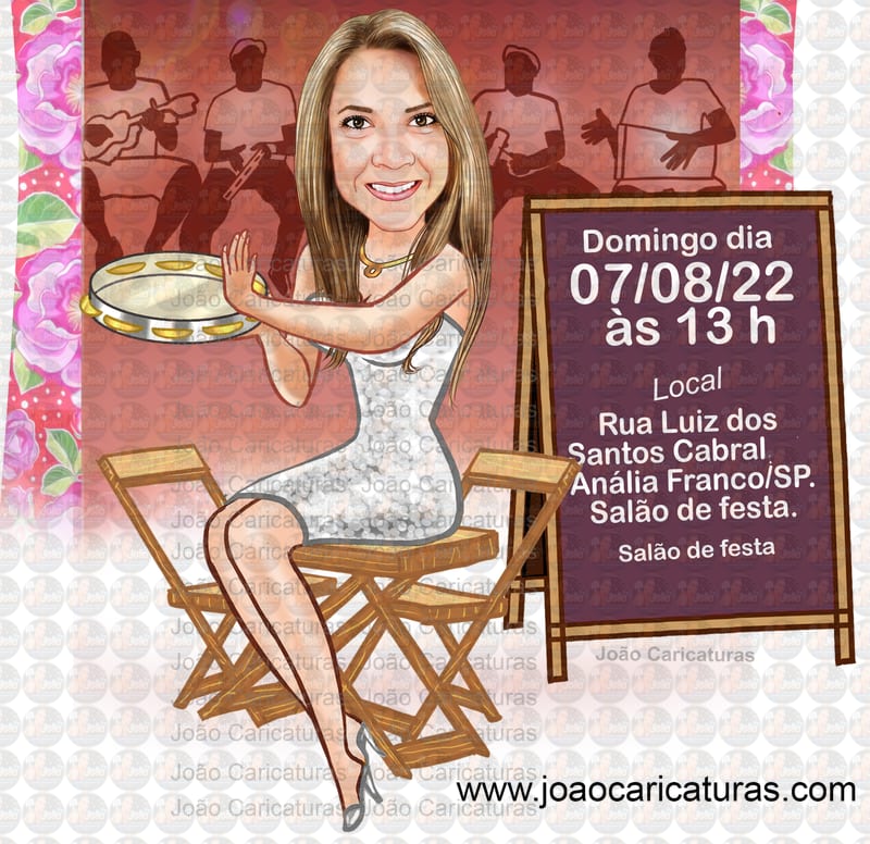 Convite com caricatura tema boteco bar restaurante mulher sentada na mesa pandeiro taça copo caneca na mão festa trintão 20 30 40 50 60 70 anos