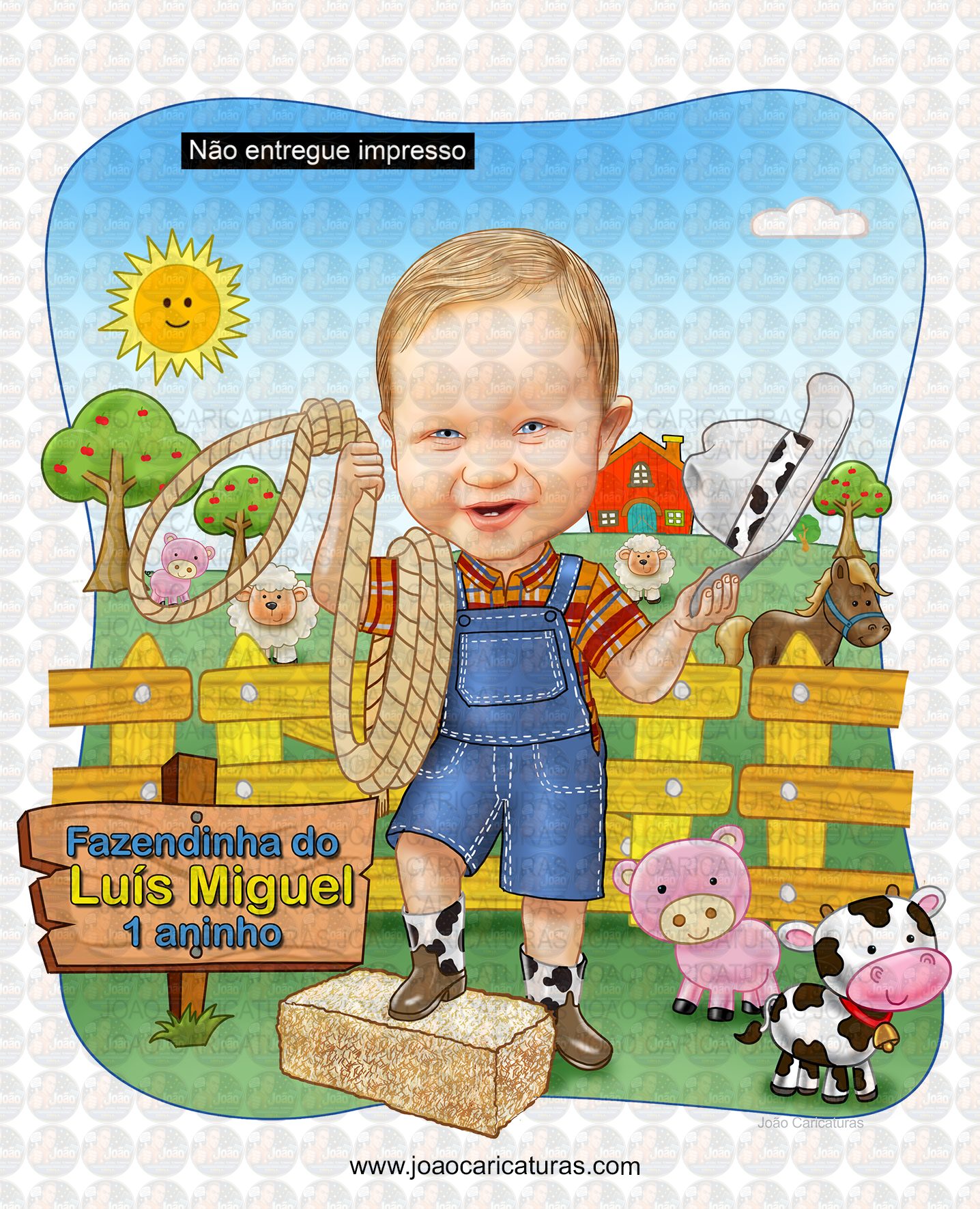 Caricatura aniversário, criança, menino,menina, garfo, brincando, tema, fazendinha, filho, bebê, cowboy, vaqueiro, laço, cerquinha, cavalo, vaquinha, porquinho, ovelha,feno,