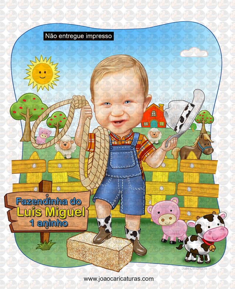 Caricatura aniversário, criança, menino,menina, garfo, brincando, tema, fazendinha, filho, bebê, cowboy, vaqueiro, laço, cerquinha, cavalo, vaquinha, porquinho, ovelha,feno,