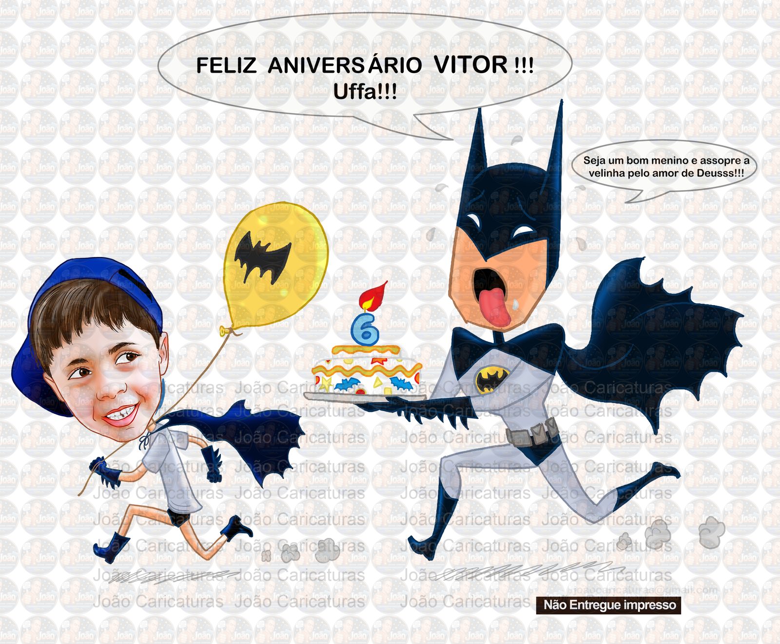 Caricatura aniversário criança filho neto sobrinho bebê garoto filho menino tema batman, homem morcego