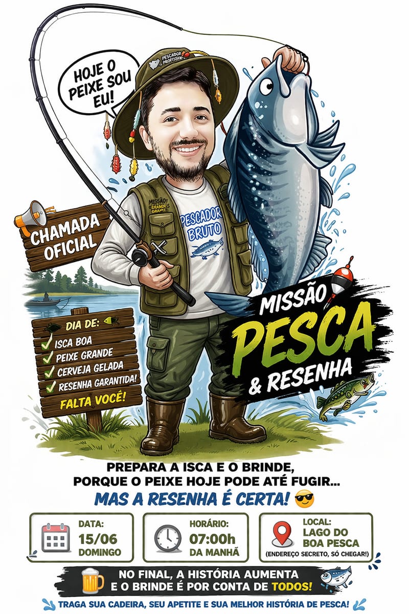 Caricatura Personalizada pescador Transformo sua foto em uma caricatura única   Perfeito para presentear alguém especial    Arte personalizada  Estilo exclusivo  Entrega rápida