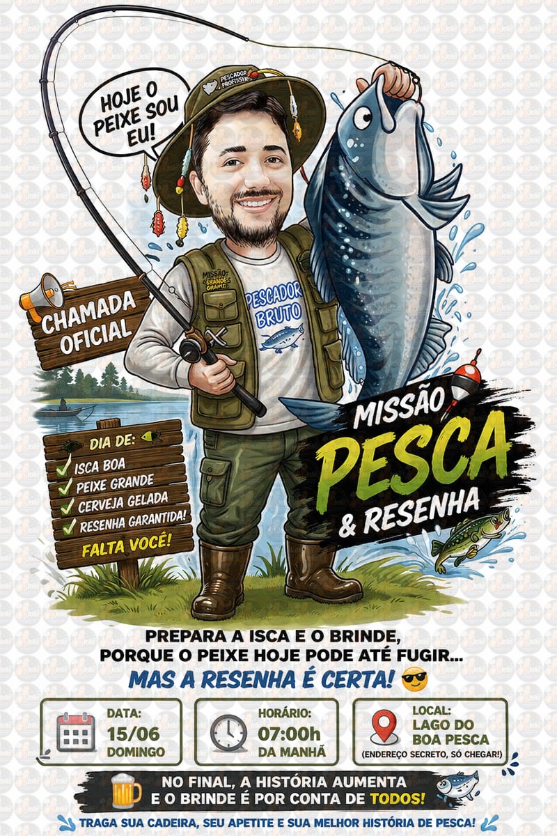 Caricatura Personalizada pescador Transformo sua foto em uma caricatura única Perfeito para presentear alguém especial Arte personalizada Estilo exclusivo Entrega rápida