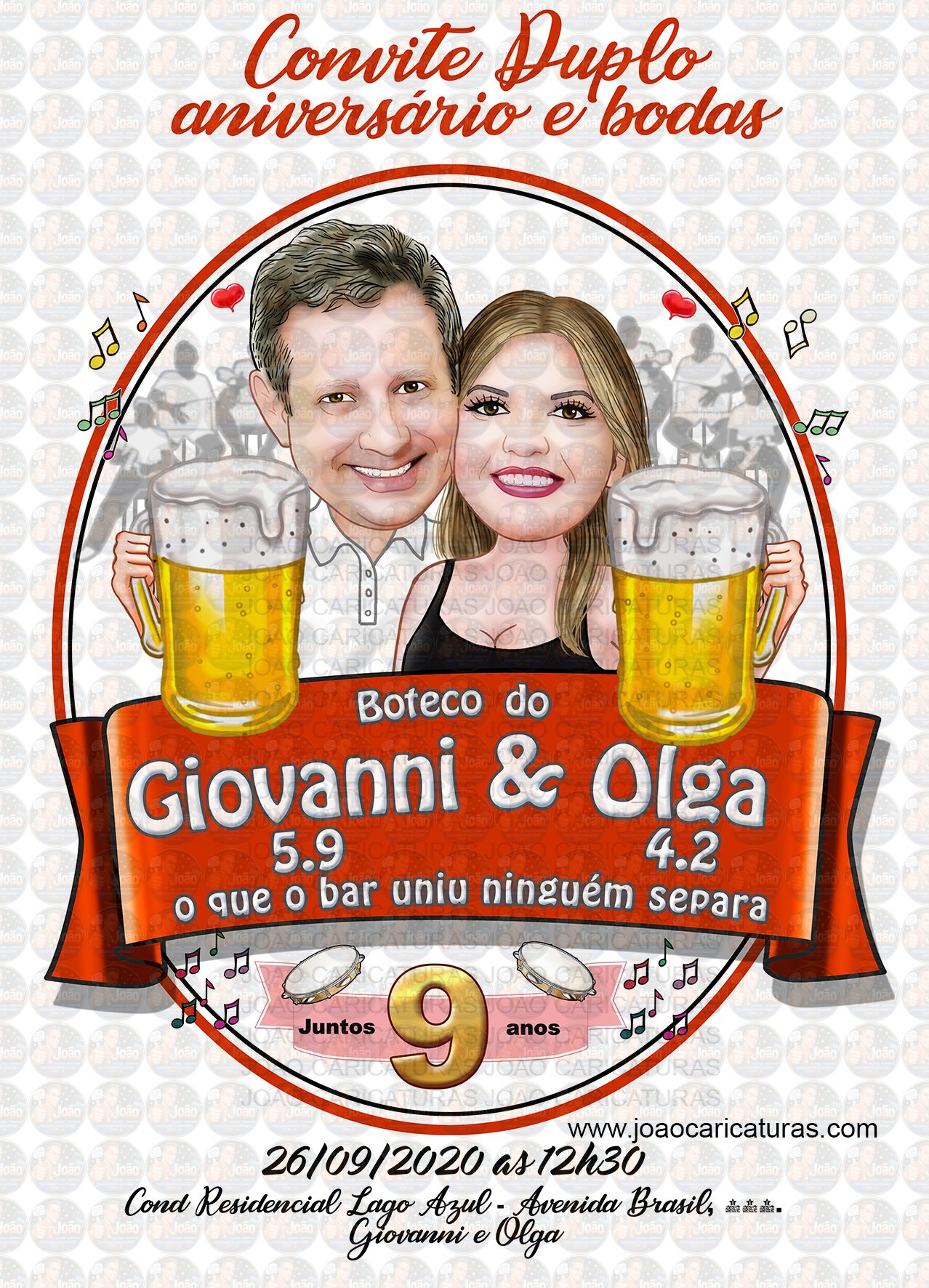 Caricatura convite aniversário duplo casal apaixonado bodas boteco festa fantasia pirata convite digital 30 40 50 60 anos desenho realista idêntico champanhe rose balões samba música ao vivo