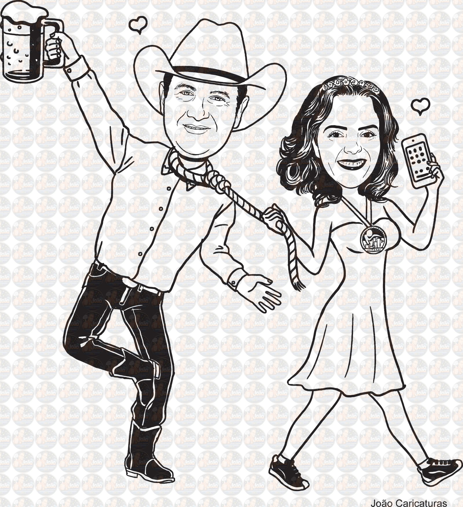 Desenho digital de casal puxando pela corda pescoço cowboy vaqueiro botas fazendeiro boiadeiro namorados bodas comemorando caneca cerveja laçado chapéu