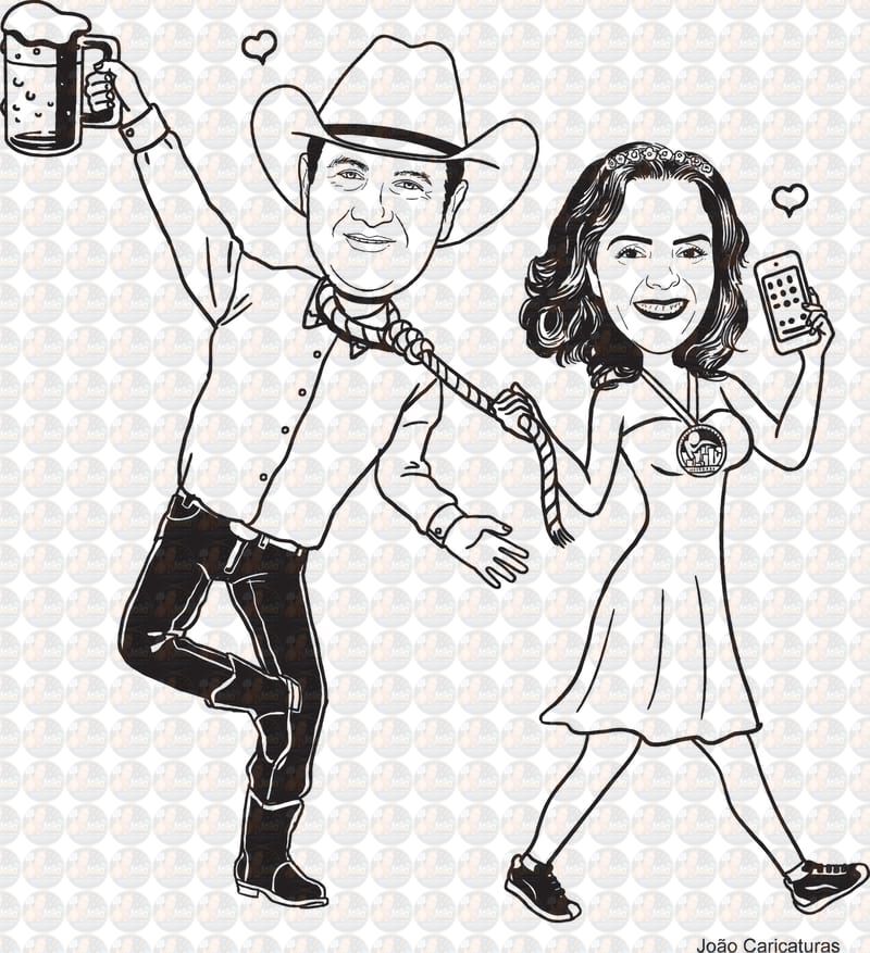 Desenho digital de casal puxando pela corda pescoço cowboy vaqueiro botas fazendeiro boiadeiro namorados bodas comemorando caneca cerveja laçado chapéu