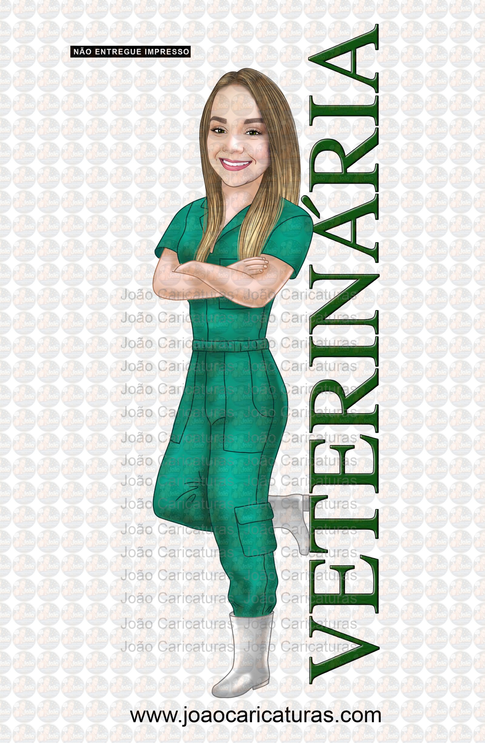 Caricatura desenho Formanda em Medicina Veterinária, macacão, universidade, recém formada,universitária, certificado,