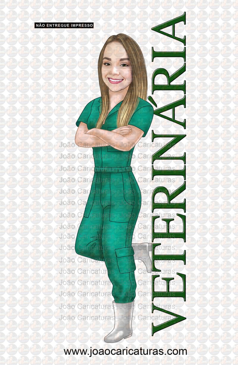 Caricatura desenho Formanda em Medicina Veterinária, macacão, universidade, recém formada,universitária, certificado,