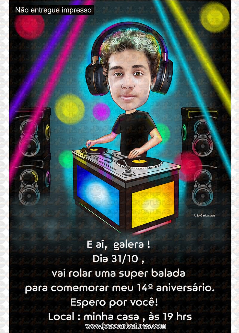 Caricatura digital de aniversário menino DJ balada música festa dança irada adolescente show cantor