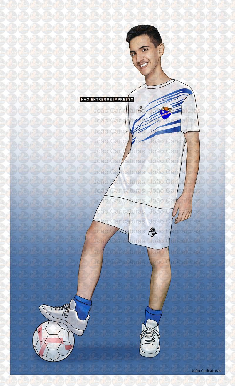 Caricatura Jogador com a bola no pé, profissional de futebol, aniversariante, craque do time, presente de aniversário, menino bom de bola, garoto.