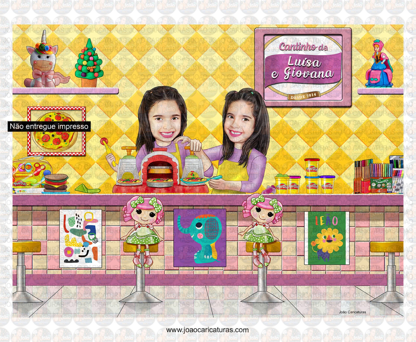 Caricatura 2 meninas crianças, gêmeas brincando comidinha pizzaria, bonecas, sanduíches, canetinhas, massinhas.