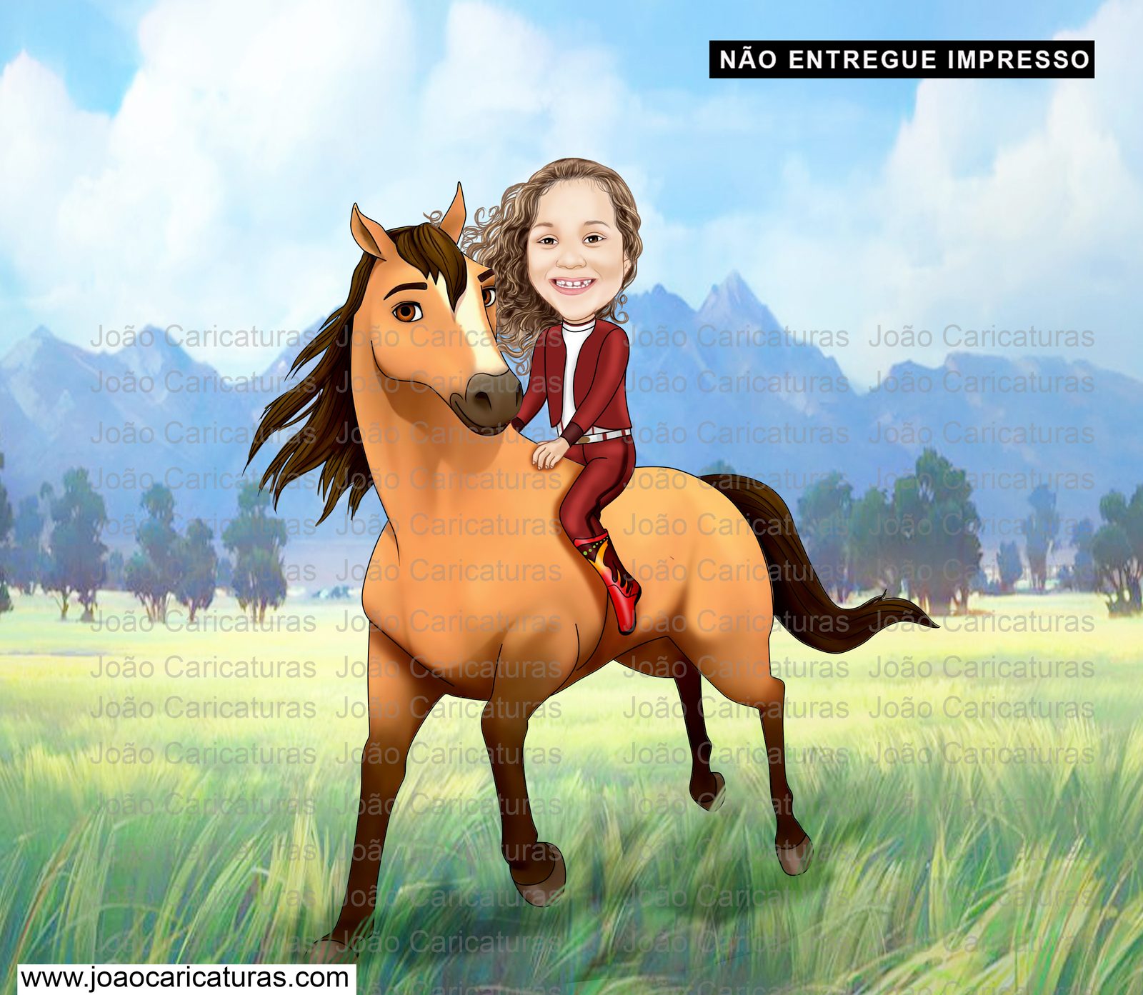 Caricatura do desenho animado Lucky e Spirit ou mesmo menino no cavalo comum personalizada com a sua foto menina ou menino cavalgando cavalo aniversário decoração para banner + 1m