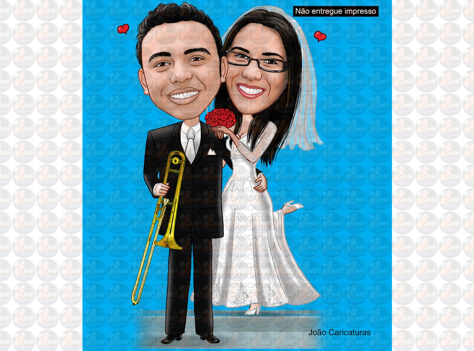 Caricaturas casamento, casal noiva mais baixinha, noivo grandão,noiva no banquinho, noivo camisa de time, vasco, instrumento musical, trompete,contra baixo, caricatura matrimônio.