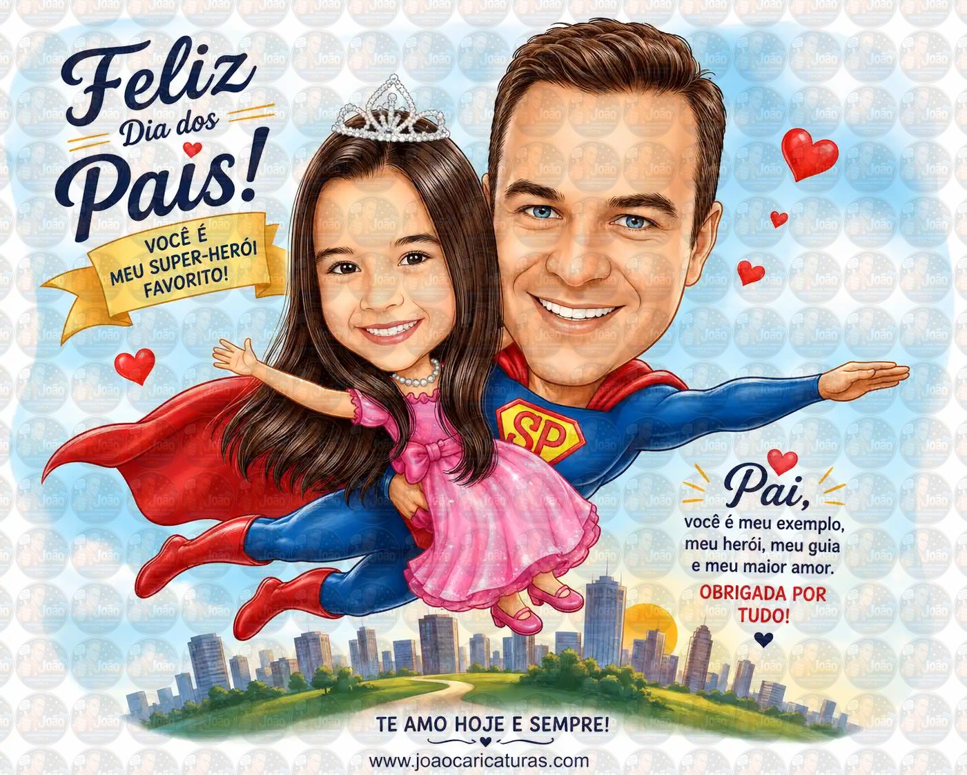 Caricatura Digital Pai e Filha Super-Heróis | Presente Personalizado para Família