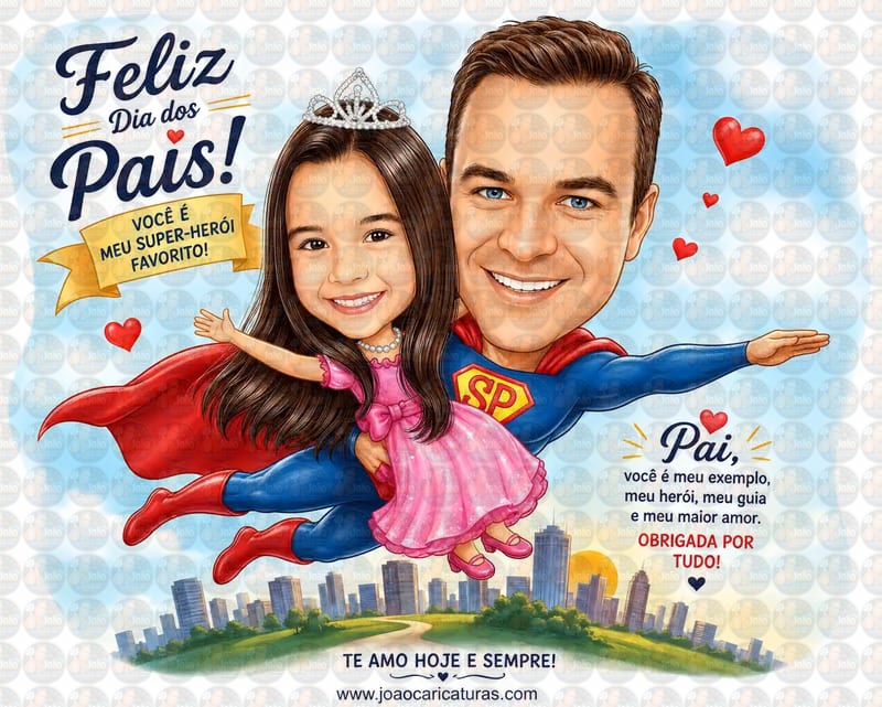 Caricatura Digital Pai e Filha Super-Heróis | Presente Personalizado para Família