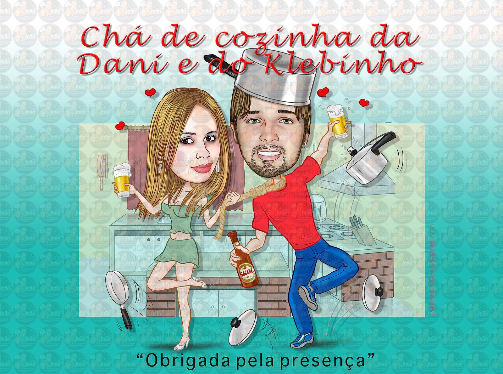 Caricaturas convite festa chá de panela casal dentro da panela comemorando