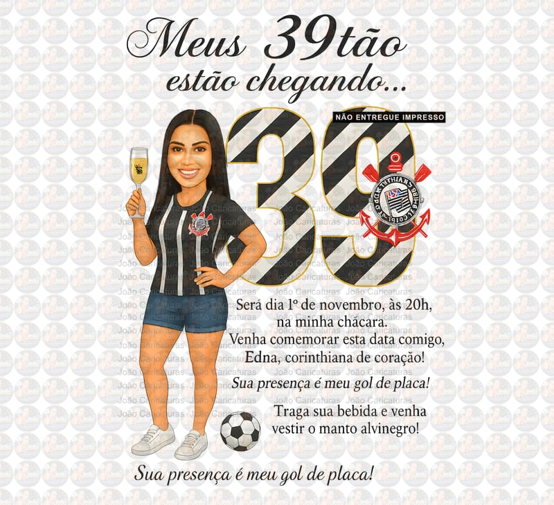 Caricatura mulher torcedora brindando aniversário fluminense palmeiras corinthias time bonita festa comemoração imprimir boteco champanhe