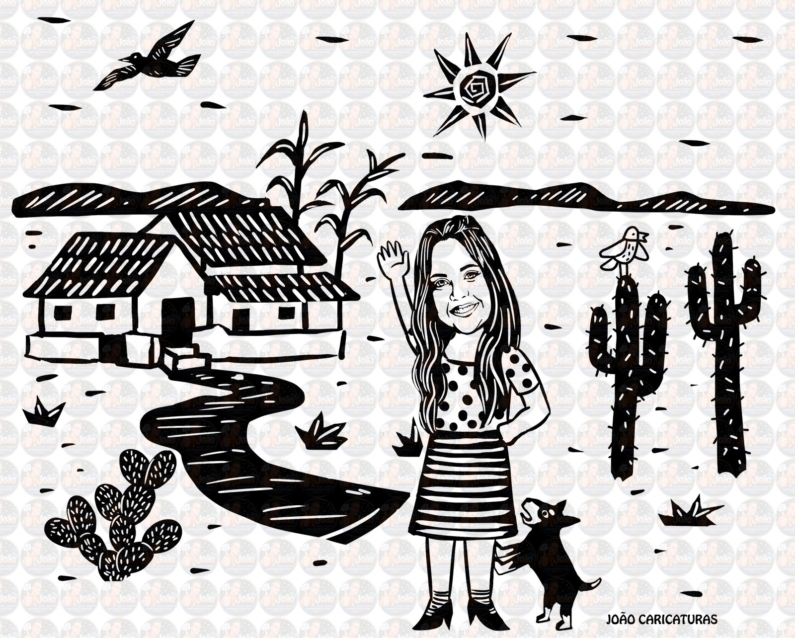 Desenho estilo xilografia, nordestino, estilizado,cordel,1 cor, preto e branco, xilo, caricatura, menina, pessoa, personalizado, sertão, corel, vetorizado, aniversário, ilustração