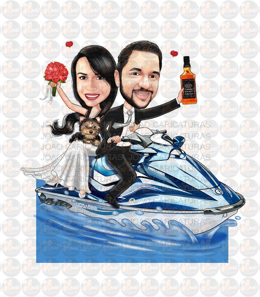 Caricatura casamento noivo pilotando moto ski, jet ski, moto aquática, mar, sentados, namorados, casando, RXT X