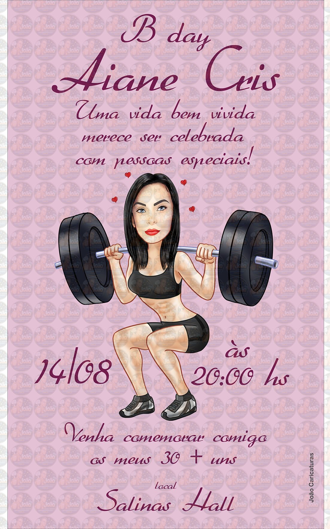 Convite com caricaturas aniversário mulher sensual ,crossfit, fitness, academia, malhando, musculosa, sarada, esportista, lindo corpo feminino