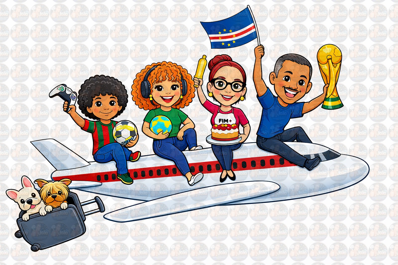 Caricatura Personalizada de Família toda no Avião com Pets e Tema Especial Féria – Viagem Família