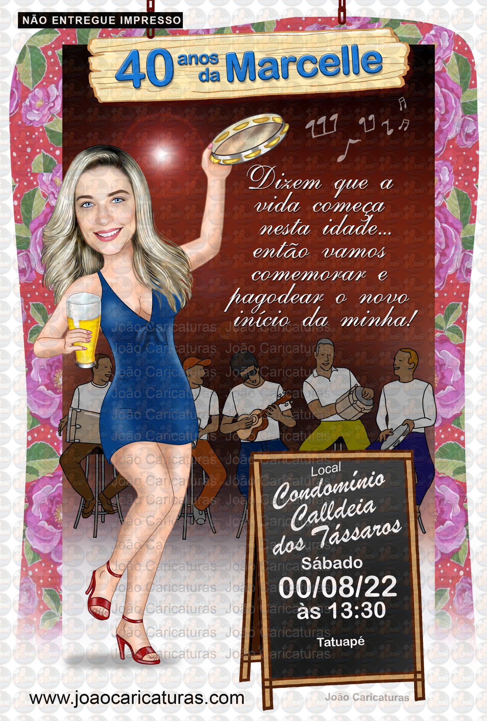 Caricatura convite mulher 30, 40, 50, 60 anos, pagode, loira, buteco, boteco, bar, convite, aniversário, personalizado, cerveja, pandeiro, dançando, sambando, convidando, vestido, pagodeiros, samba