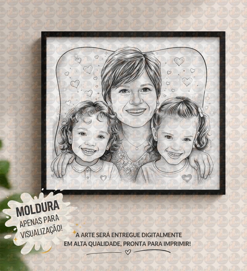“Já imaginou se ver em uma caricatura cheia de personalidade? 😍” “O presente que ninguém esquece!” Linda caricatura digital  de família a traço preto, avó, vovó, vovô,netos, mãe, filha