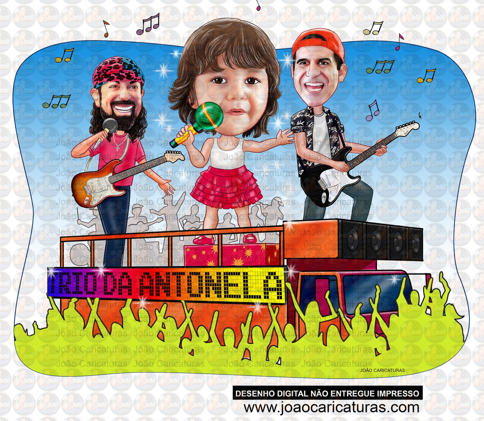 Caricatura de Aniversário Infantil Micareta – Trio Elétrico com Músicos | Tema Carnaval Personalizado