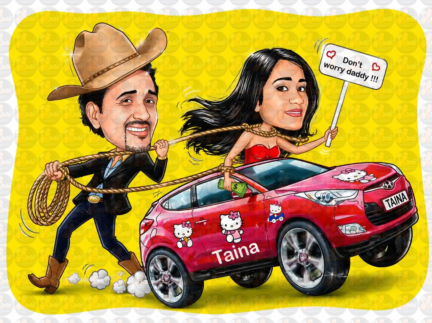Caricatura de Casal Personalizada com Carro e Tema pai Cowboy