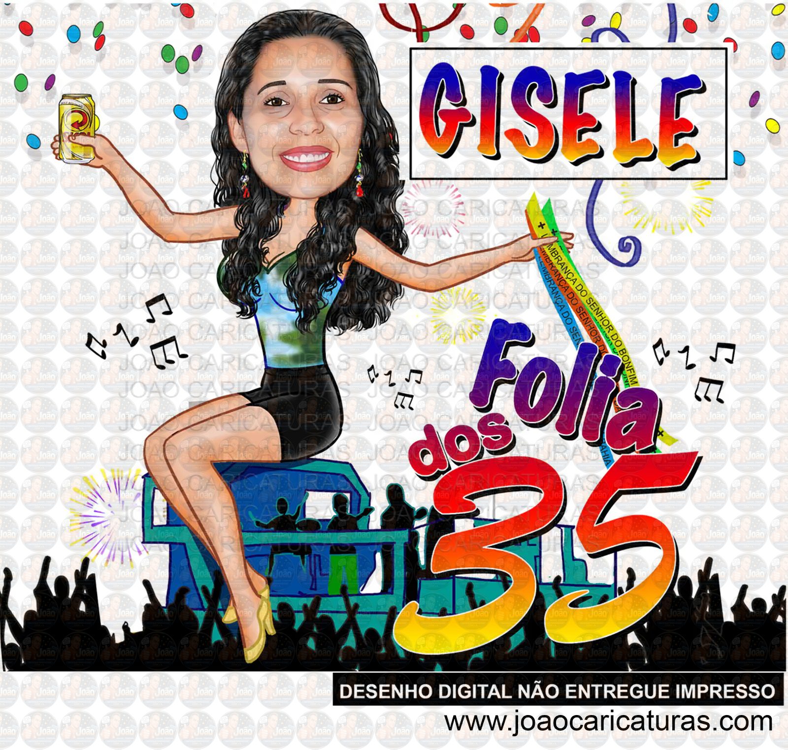 Caricatura de Aniversário Feminina no Trio Elétrico | Tema Micareta Carnaval (20, 30, 40, 50, 60 anos)