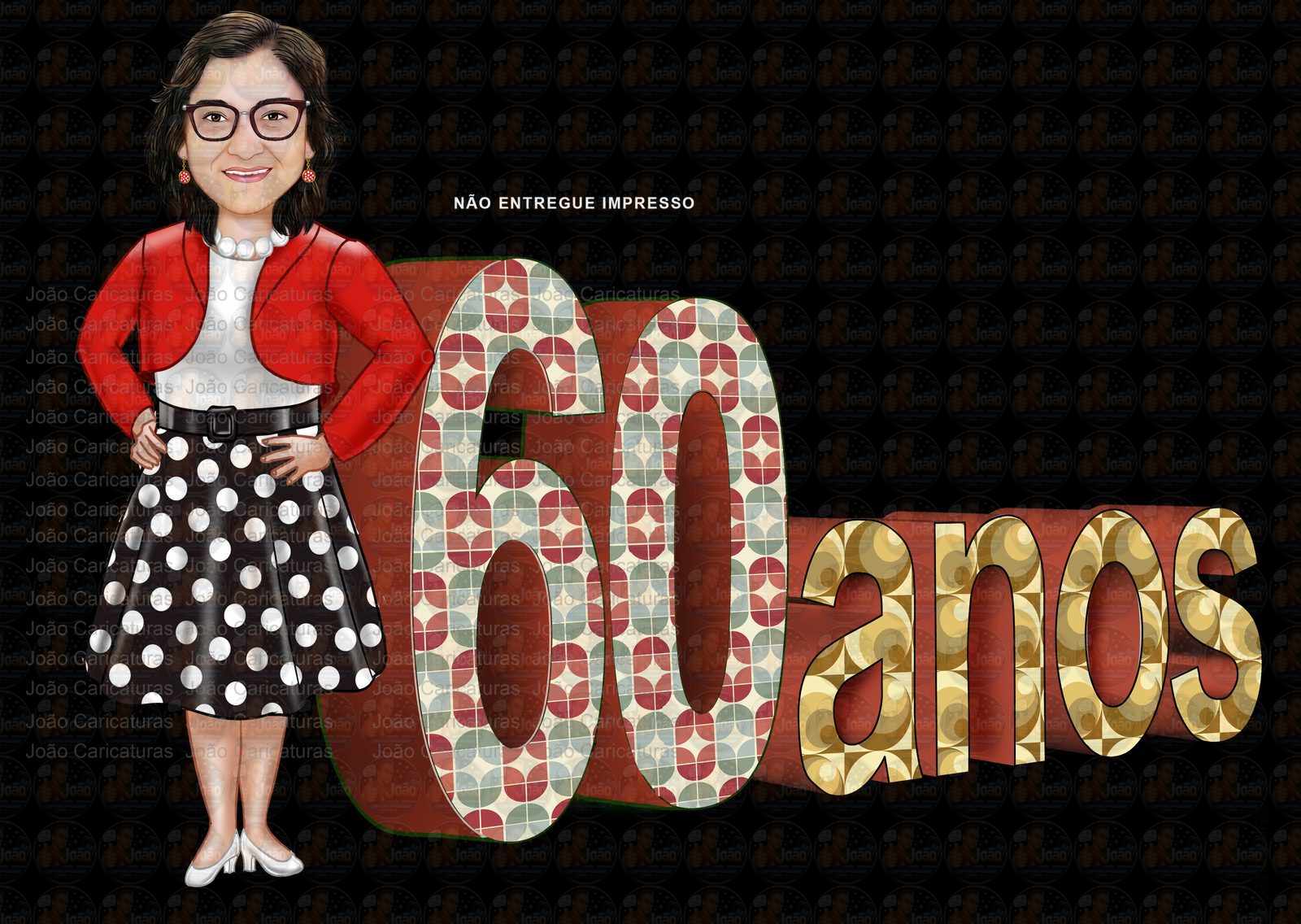 Caricatura mulher Aniversariante festa estilo anos 50 60 70 80 vestido bolinha amarelinha sra idosa velha guarda caricatura desenho letras letreiro moda vestimenta