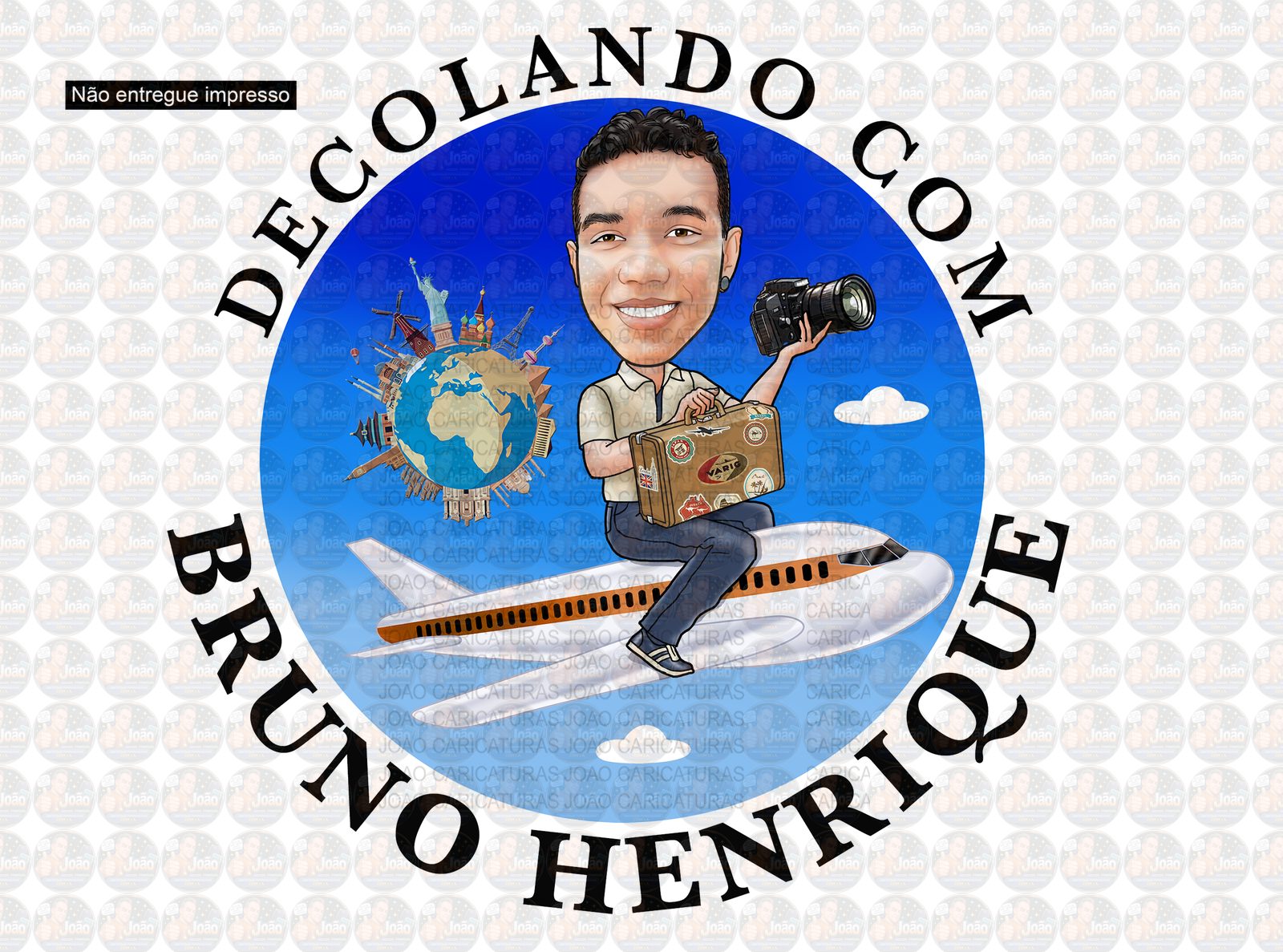 Logomarca com caricatura homem avião agencia passagens pontos turisticos globo mundo logo voando