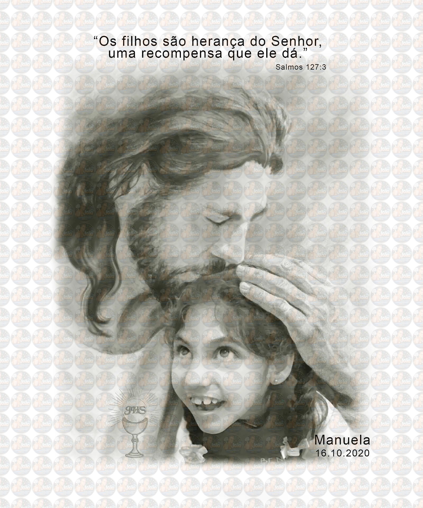 Montagem Primeira Comunhão, Eucaristia, Deus, foto, menina, filho, Cristo , Jesus, com criança, garota, abraçando, protegendo, memória eterna, nos braços , acolhida