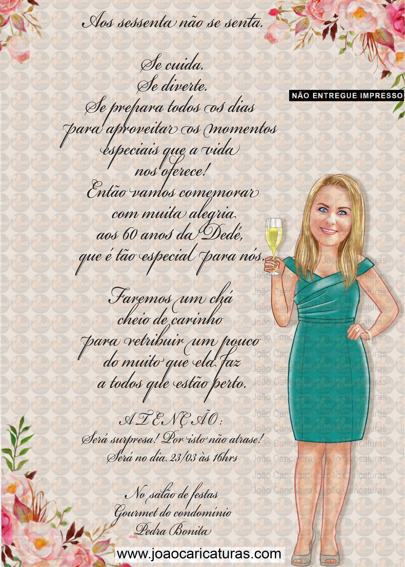 Caricaturas convite aniversário mulher senhora tema floral flores champanhe taça elagante fina convidando rica dama loira requintado moderno sofisticado desenho rosto linda email zap30 40 50 60 anos