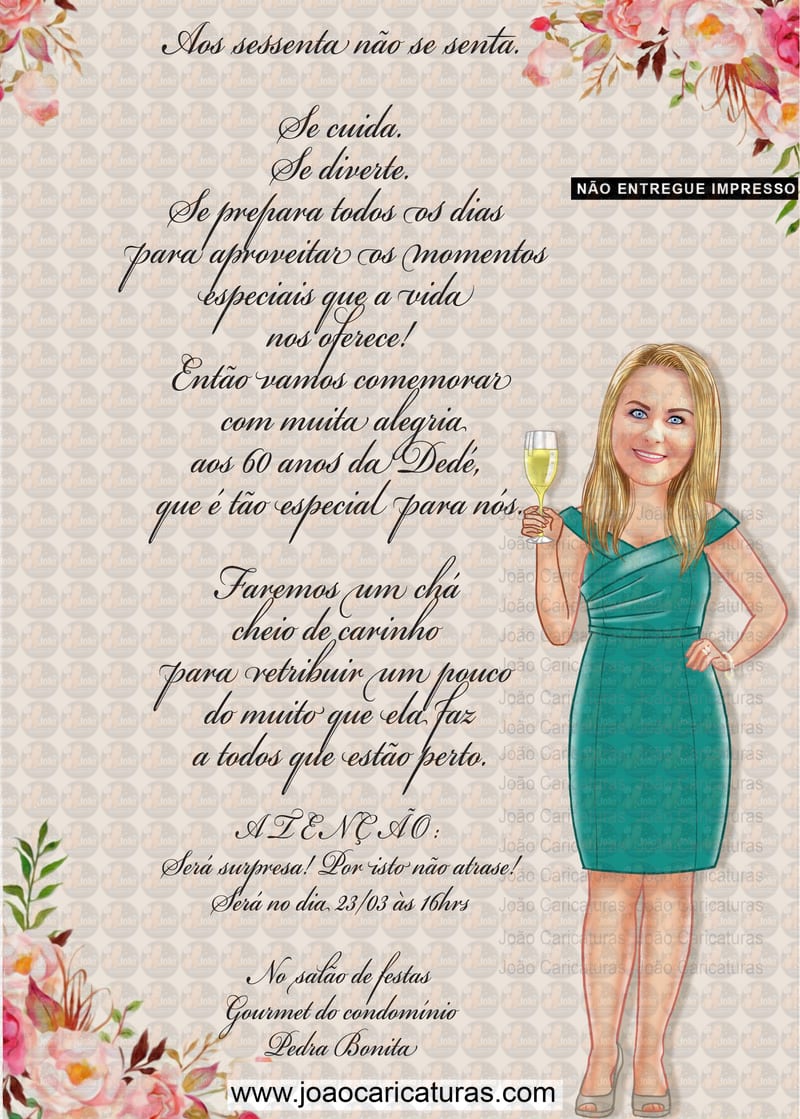 Caricaturas convite aniversário mulher senhora tema floral flores champanhe taça elagante fina convidando rica dama loira requintado moderno sofisticado desenho rosto  linda email  zap30 40 50 60 anos