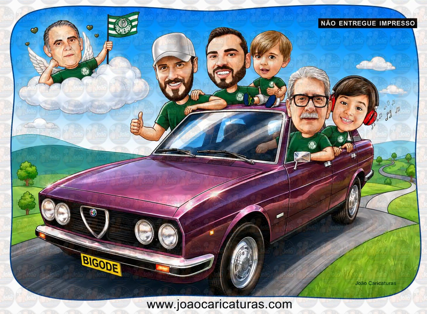 Caricatura Digital Personalizada de Família com Carro (Preço por Pessoa)