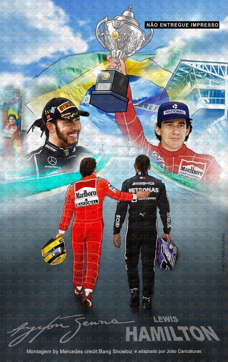 Desenho de Lewis Hamilton e Ayrton Senna Juntos, homenagem, cartaz, ilustração F1, levantando troféu, campeão, ídolo, piloto, carro de corrida, presente para papai para  imprimir , famosos, autódromo