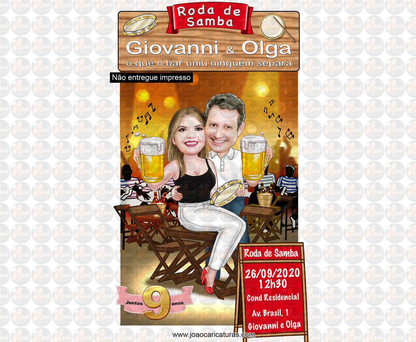 Caricatura convite Digital -Tema boteco duplo, casal, pandeiro, roda samba, pagode, musica ao vivo, banda, ambiente bar, barzinho, casa show,apaixonados,aniversário, convite duplo,