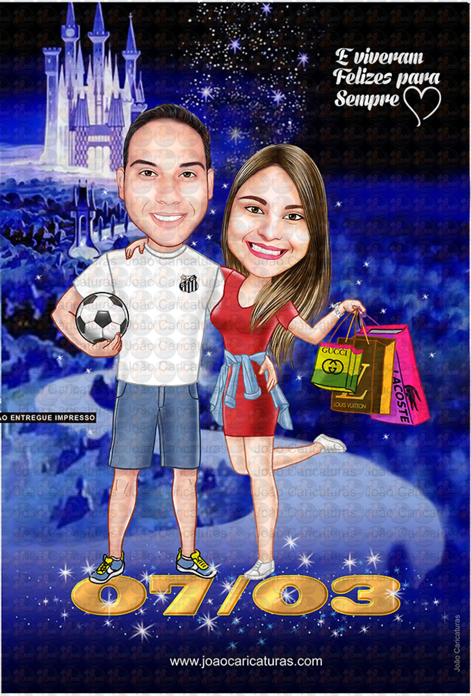 Caricatura digital de casal namorados namoro abraçados aniversário festa presente luar príncipe juntinhos crush moderna realista, caprichada rosto normal natura traços perfeitos vinho Santos