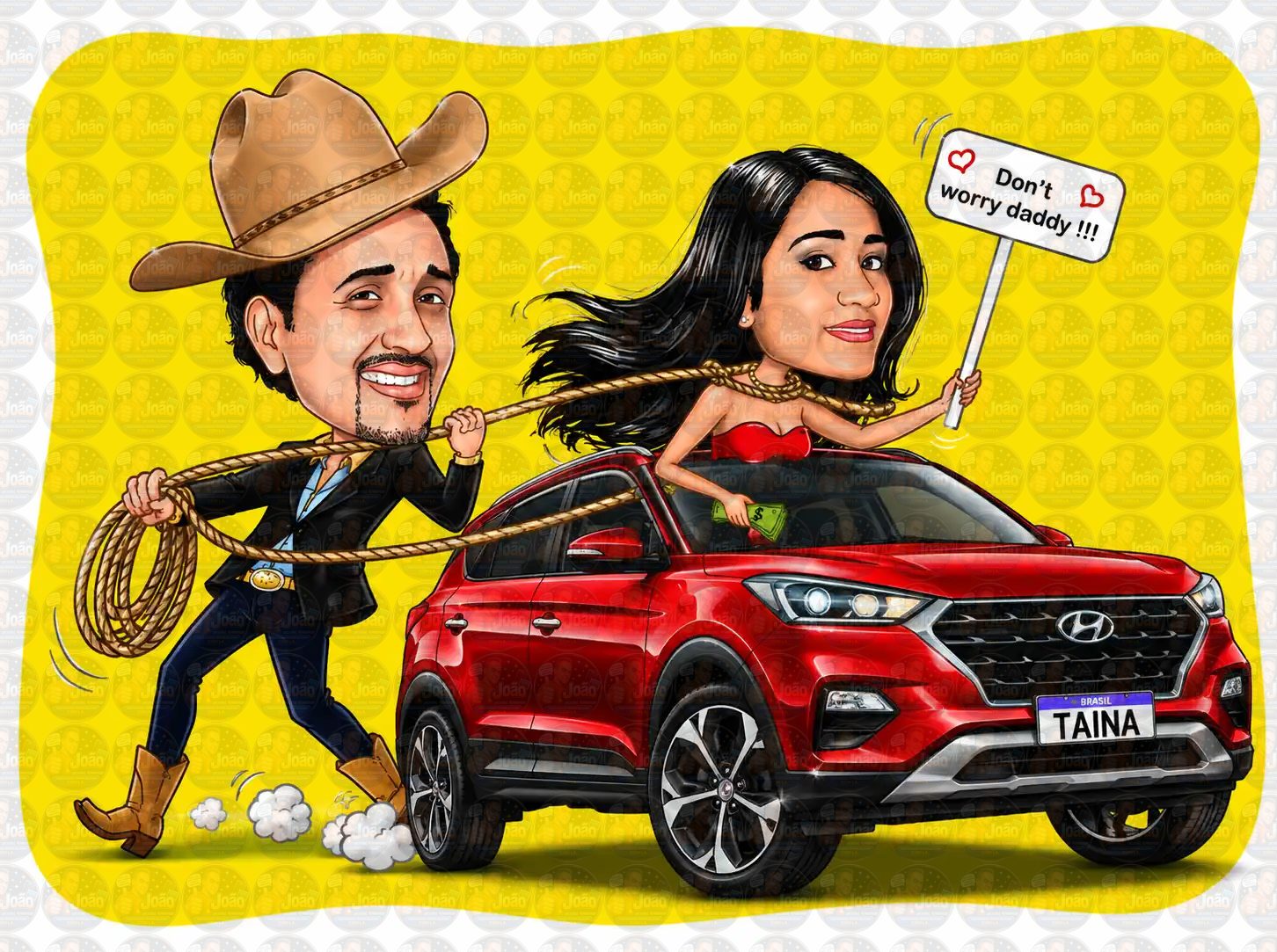 Caricatura de Casal Personalizada com Carro e Tema pai Cowboy
