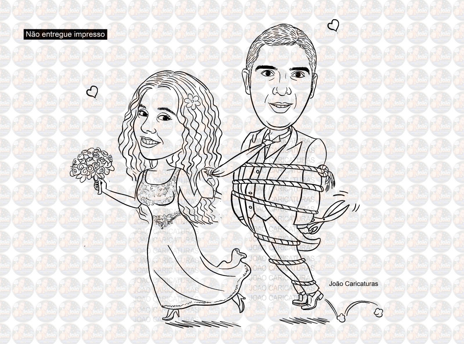 Caricatura casal traço sem cor corel casamento, noivo, noiva, vetor, vetorial, 1 cor, brindando, divertida, puxando pela corda, acorrentado, abraçado marido esposa