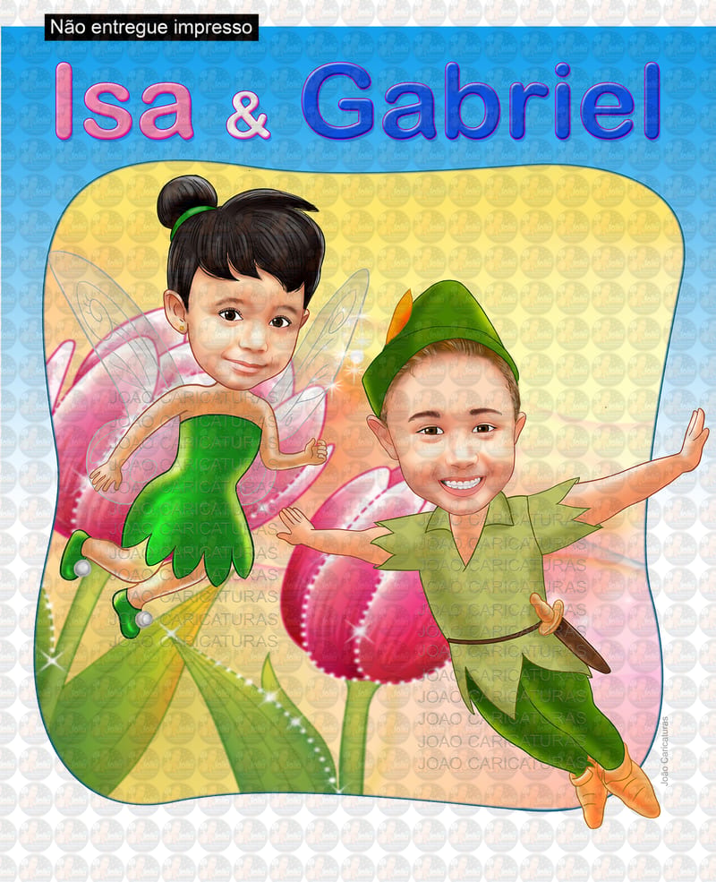 2 Caricaturas desenhos  irmãos sininho e peter pan  aniversário gêmeos meninhinha infantil convite de criança menino  menina voando asas  festas garotos