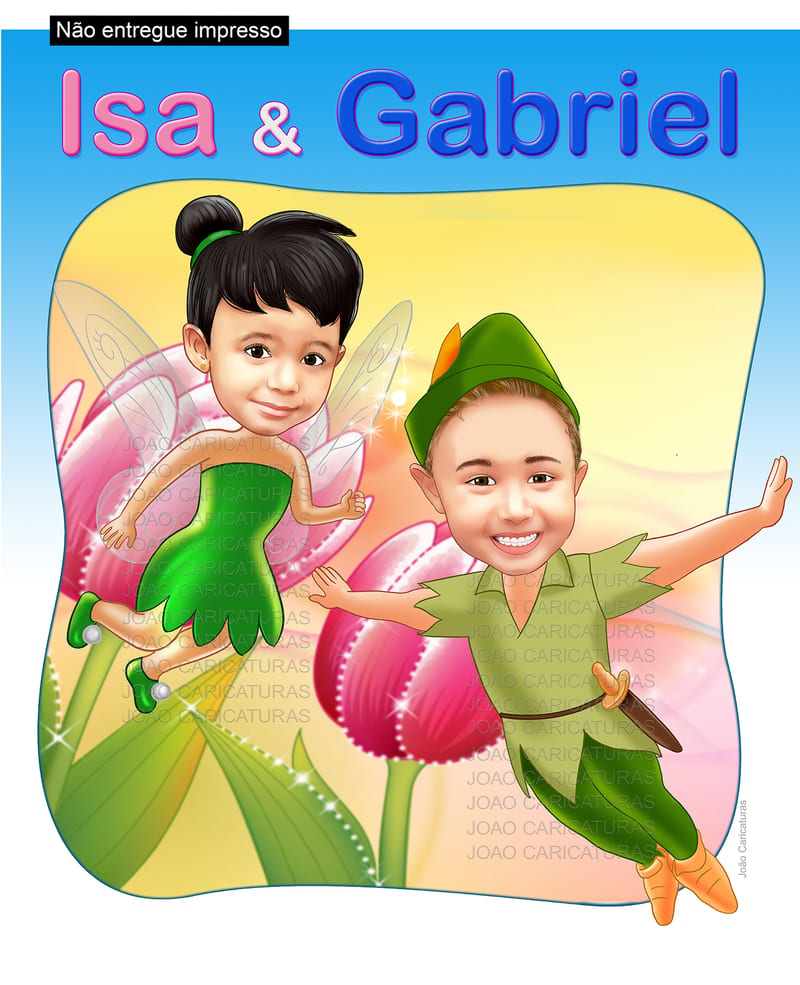 2 Caricaturas desenhos irmãos sininho e peter pan aniversário gêmeos meninhinha infantil convite de criança menino menina voando asas festas garotos
