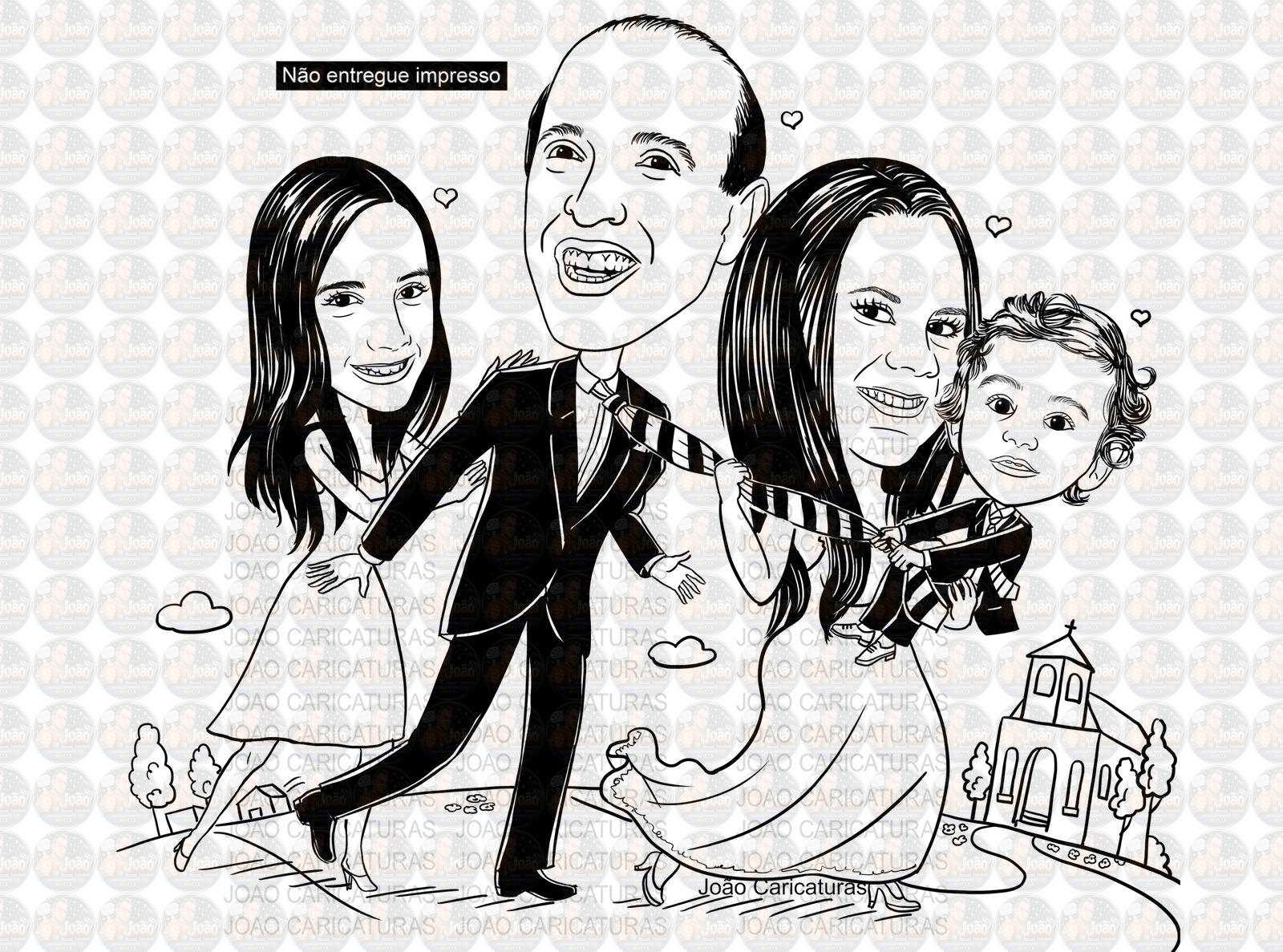 Caricatura casal (preço por pessoa) traço sem cor corel casamento, noivo, noiva, vetor, vetorial, 1 cor, puxando gravata, filhinho colo, filha empurrando, igreja, filhas