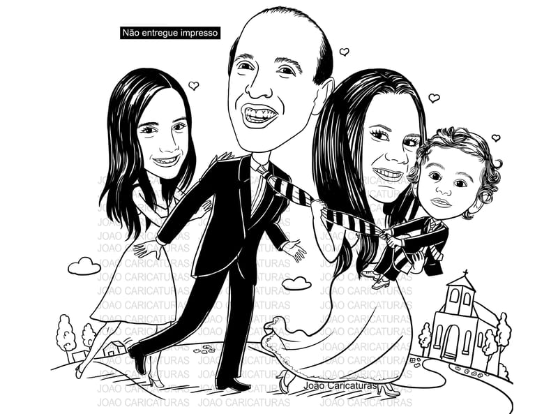 Caricatura casal (preço por pessoa) traço sem cor corel casamento, noivo, noiva, vetor, vetorial, 1 cor, puxando gravata, filhinho colo, filha empurrando, igreja, filhas