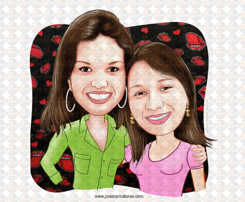 Linda caricatura digital de casal namoradas namoro abraçadas aniversário festa presente luar príncipe juntinhos crush moderna realista, caprichada rosto normal natura traços meninas