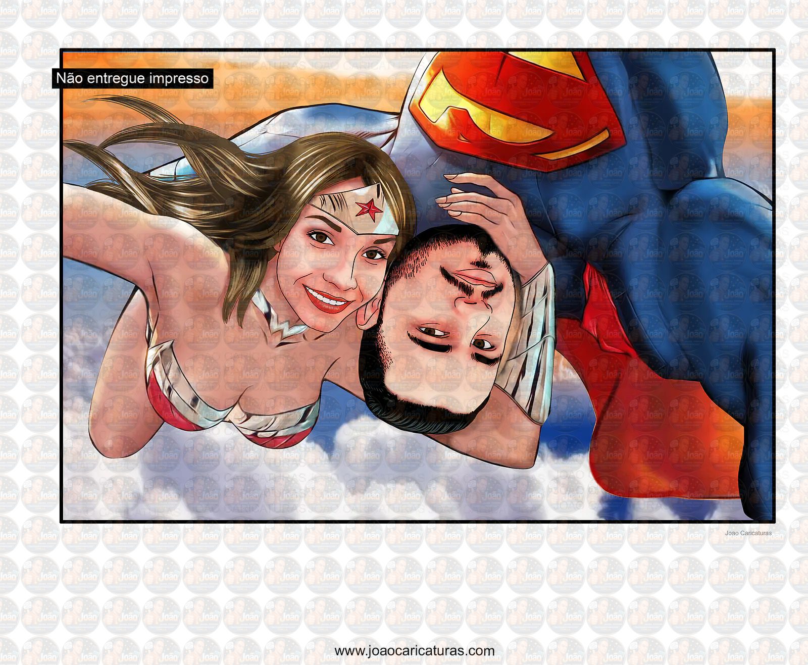 caricaturas casal namorados marido mulher esposo esposa realista casamento mulher maravilha e superman abraçando apaixonados sensual romântica digitais delicados presente quadrinho heróis