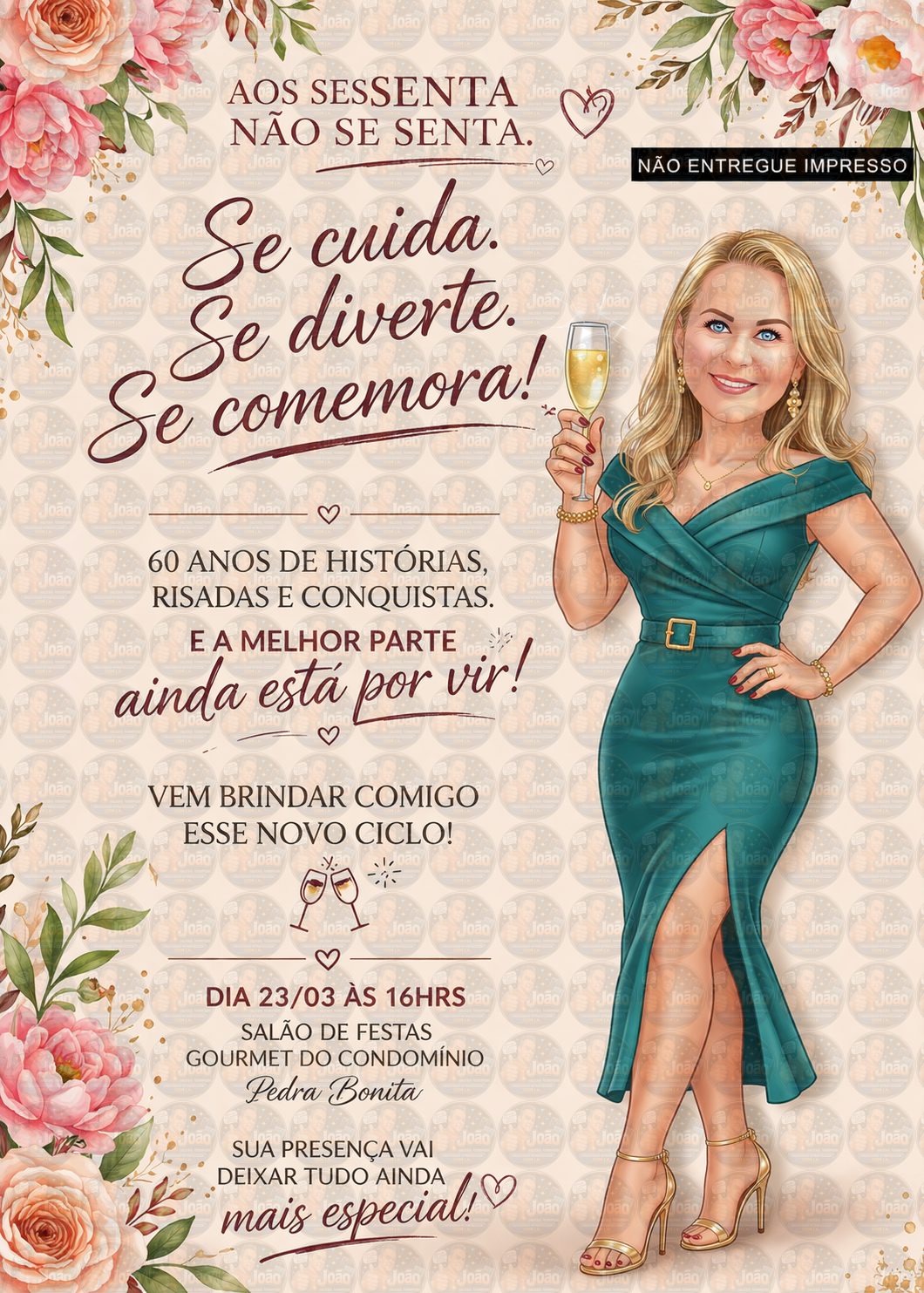 Convite Digital com Caricatura Personalizada Feminina para Aniversário